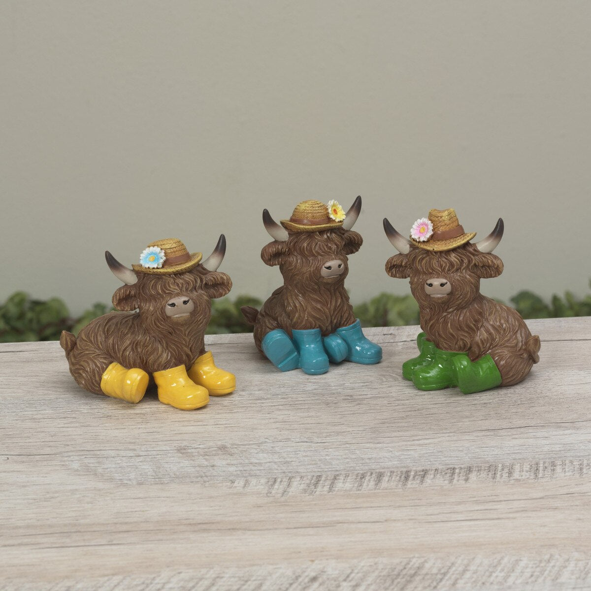 Gerson Spring Decor - Resin Highland Cow Rainboots Figurines 4pc Set