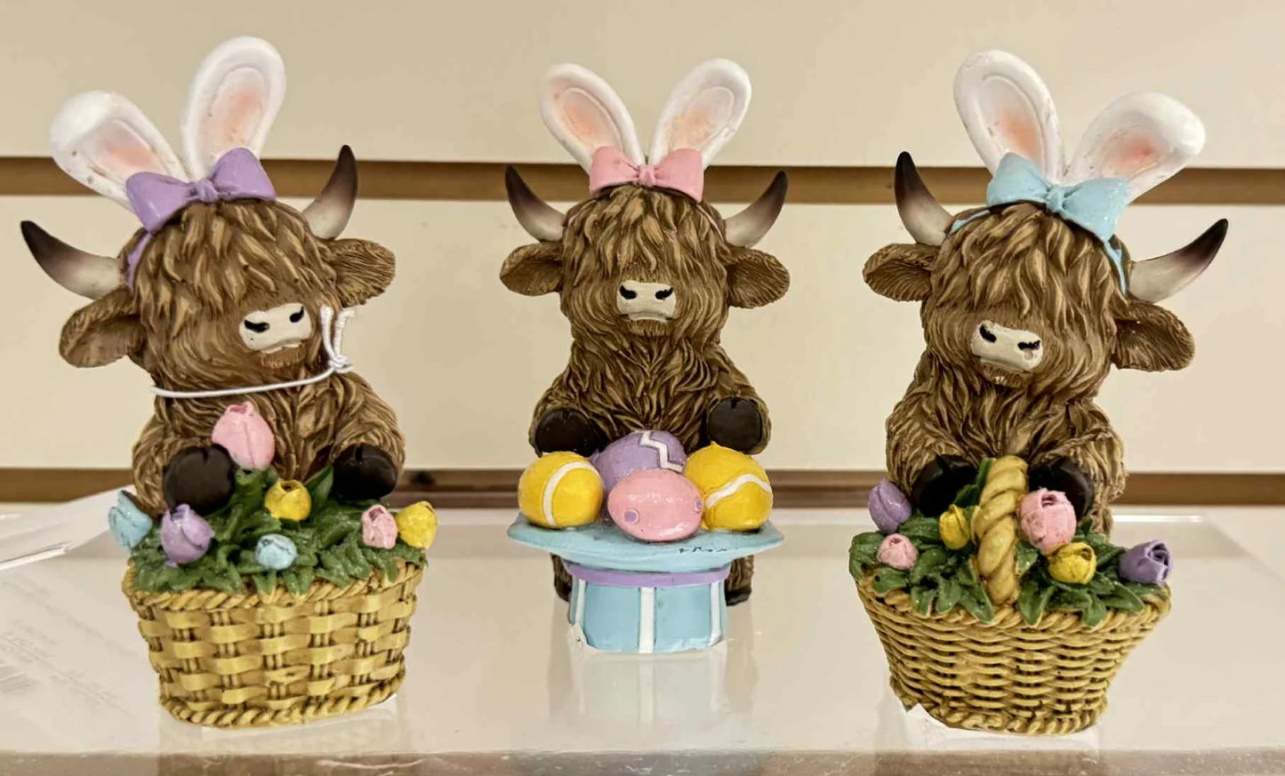 Gerson Easter Decor - Highland Cows in Easter Baskets 3pc Set