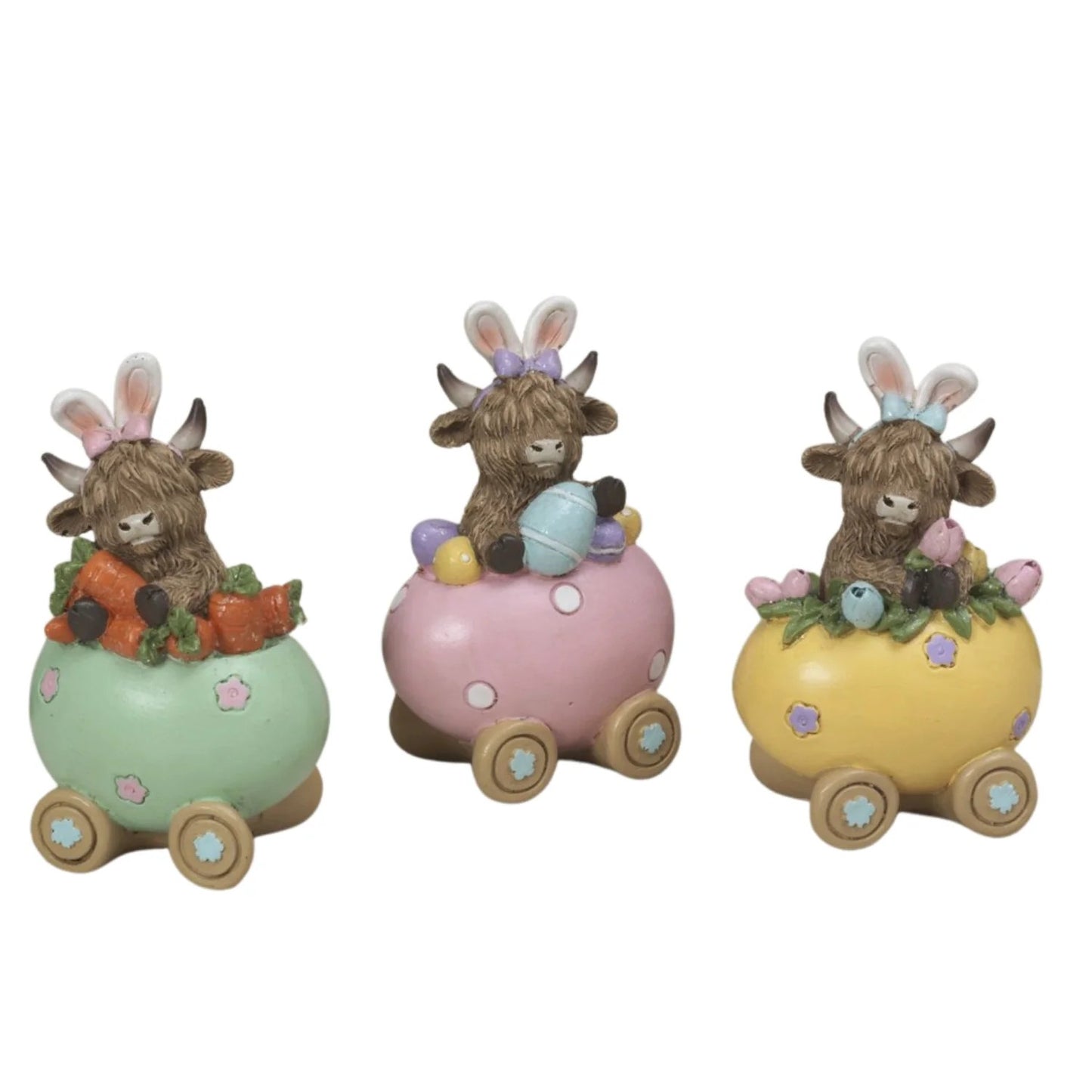 Gerson Easter Decor - Highland Cows in Easter Egg Car 3pc Set