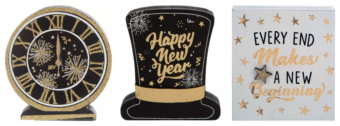 HL New Year's Eve Decor - New Beginning Top Hat Clock Wood Sitters 3pc
