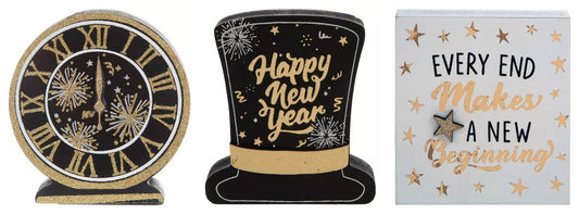 HL New Year's Eve Decor - New Beginning Top Hat Clock Wood Sitters 3pc