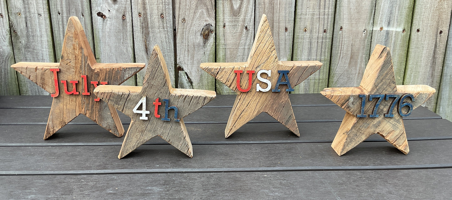 AGSD Patriotic Decor - July 4th Rustic Neutral Chunky Wood Star Sitters 4pc