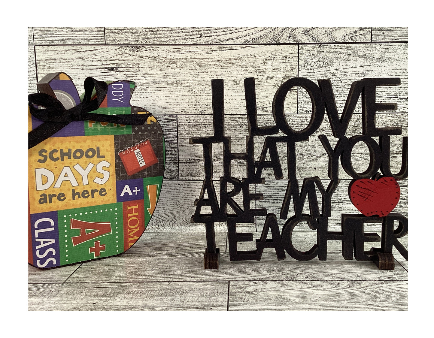 AGSD Teacher Gift Decor - Love My Teacher Sign Chunky Wood Apple 2pc Set