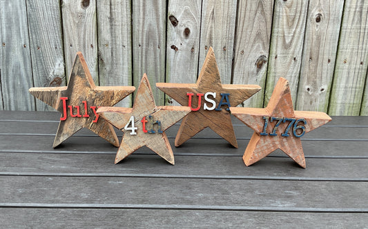 AGSD Patriotic Decor - Rustic Neutral Chunky Reclaimed Wood Star Sitters 4-Piece Set