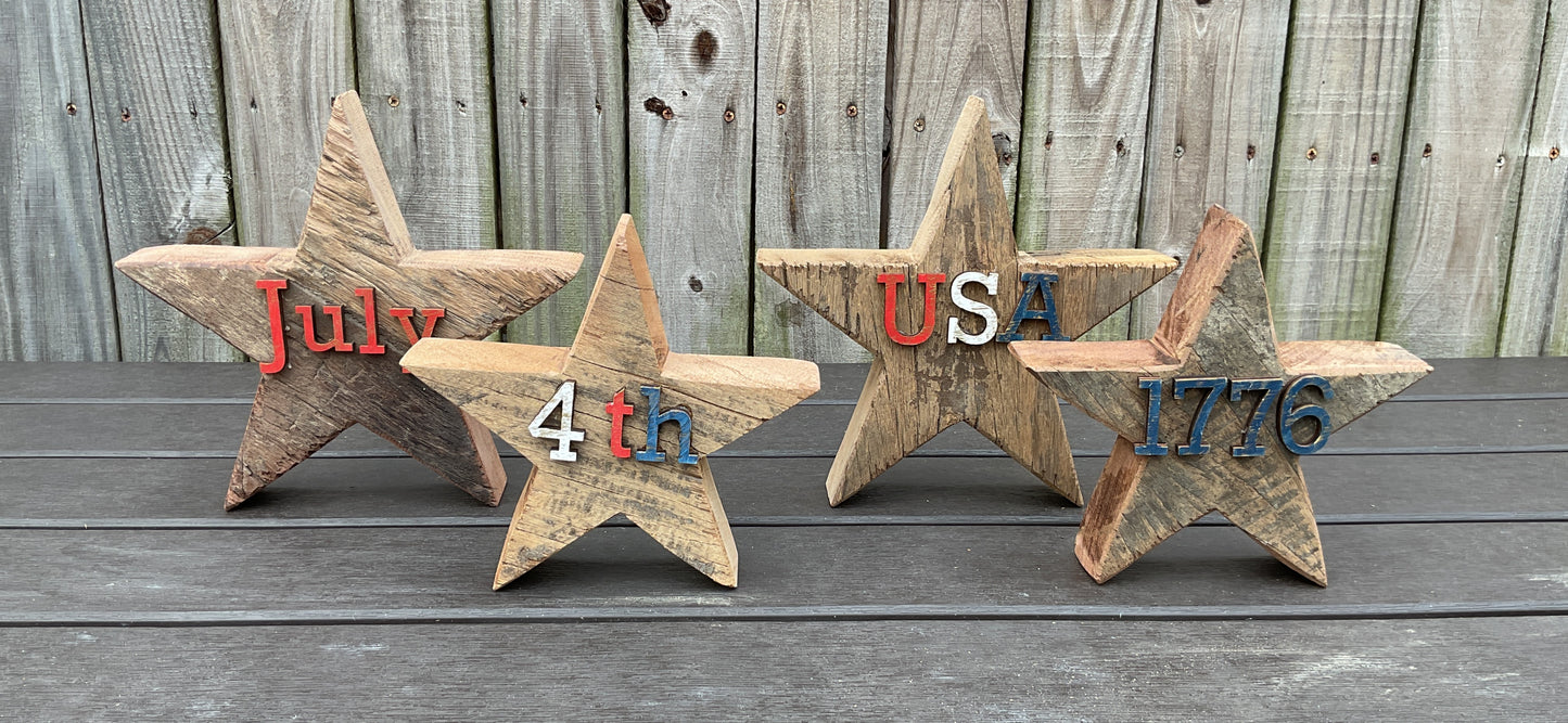 AGSD Patriotic Decor - July 4th Rustic Neutral Chunky Wood Star Sitters 4pc