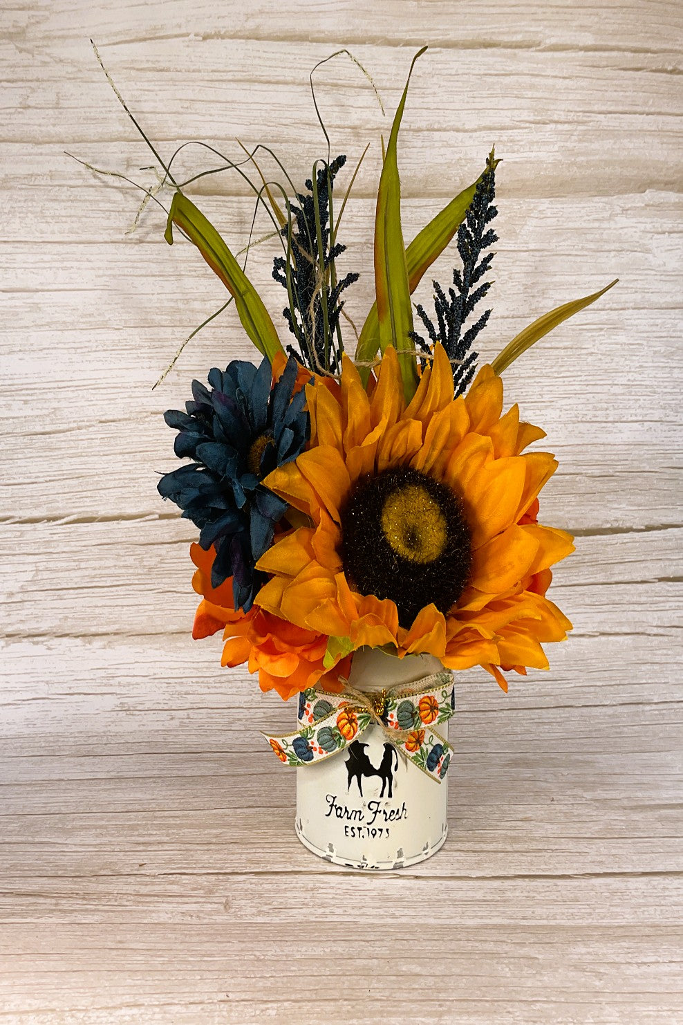 AGSD Fall Decor - Orange Blue Sunflower Milk Can Floral Display