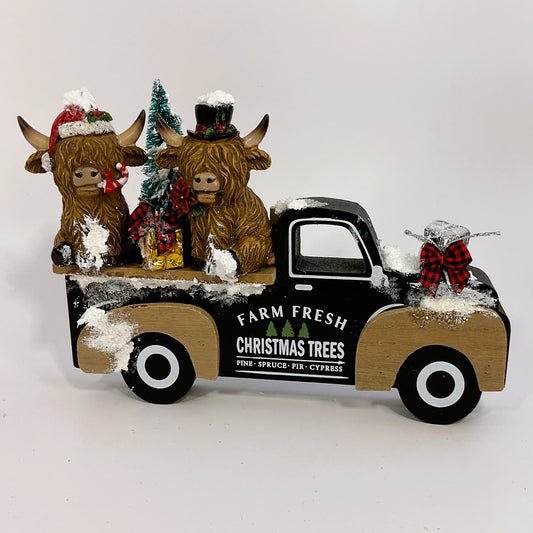 AGSD Christmas Decor - Highland Coo Cow Vintage Truck Figurine Decor