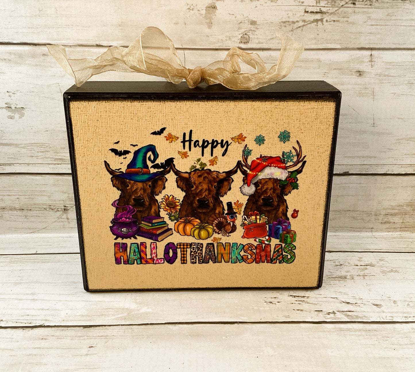 AGD Fall Decor - Highland Scottish Cow Happy Hallothankmas Seasonal Box Sign