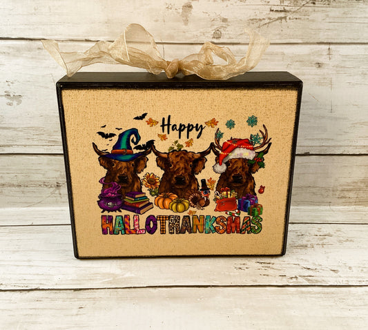 AGD Fall Decor - Highland Scottish Cow Happy Hallothankmas Seasonal Box Sign