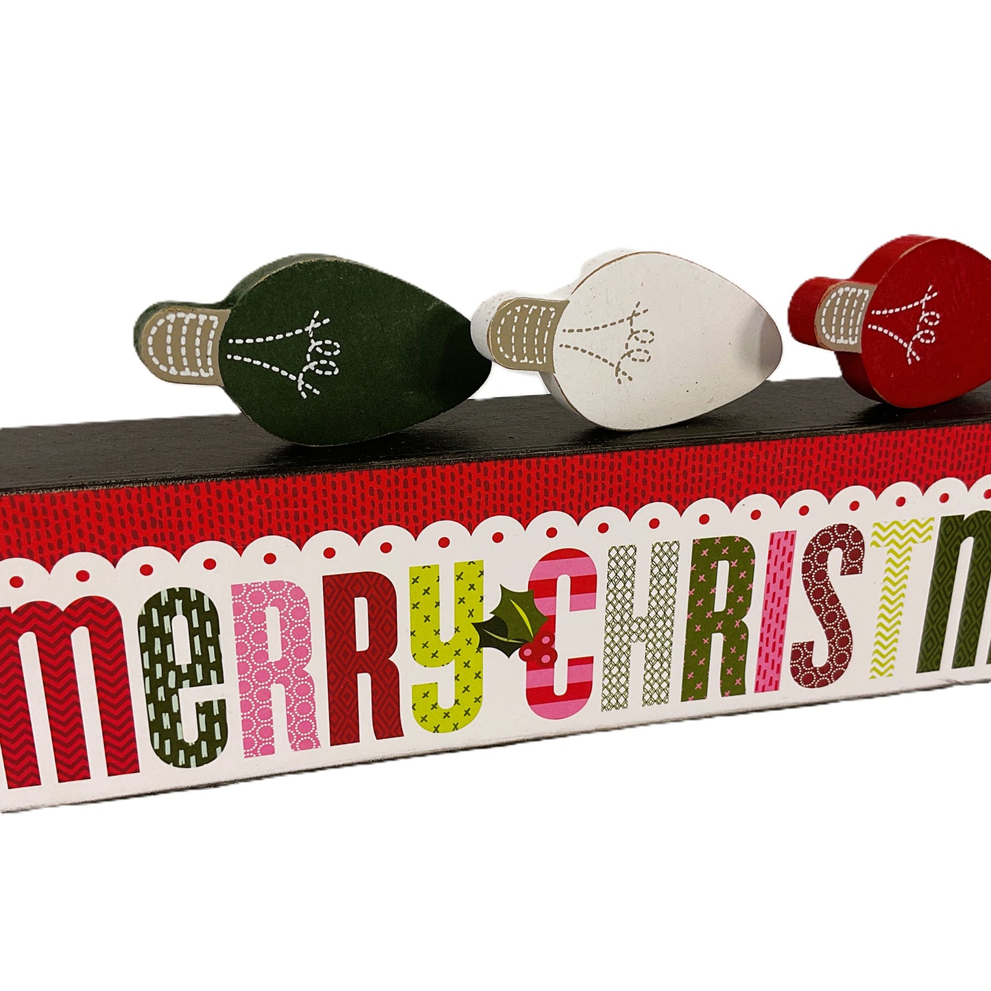 AGSD Christmas Decor - Retro Merry Sign & Chunky Wood Light Bulb Charms