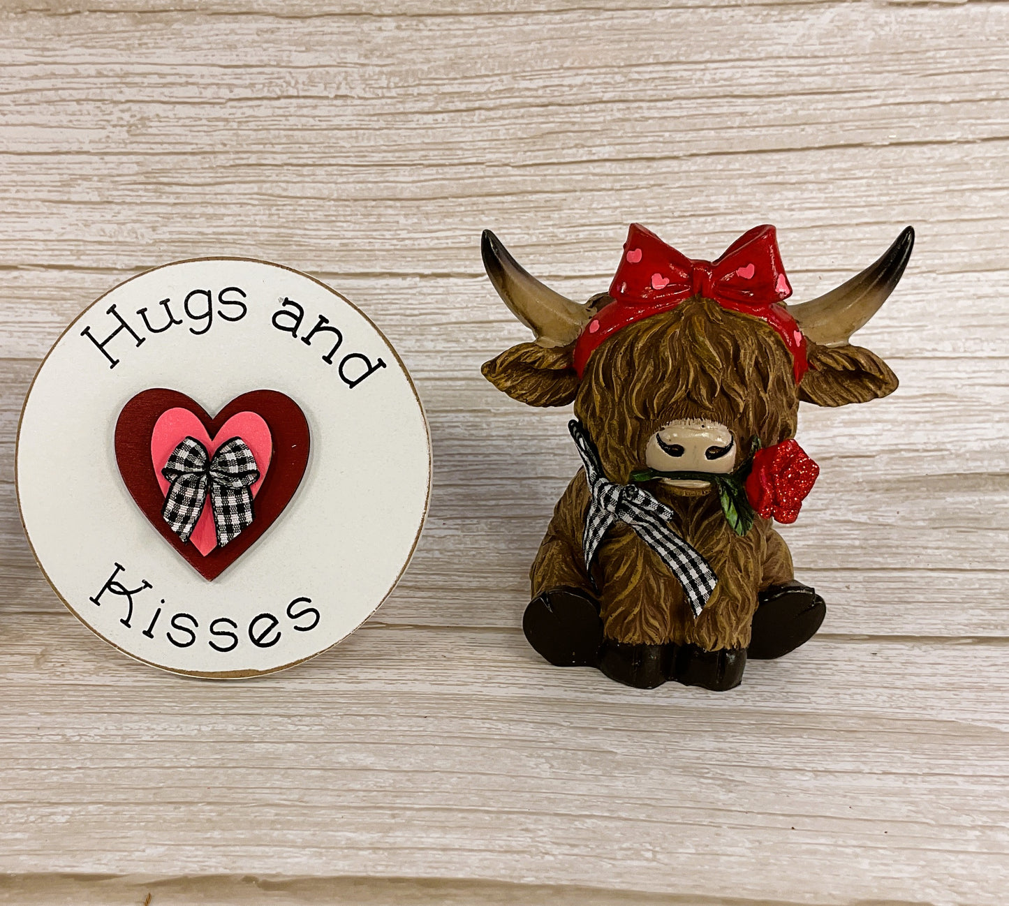 AGSD Valentines Decor - Resin Highland Cow Figurines & Sign 3pc Set
