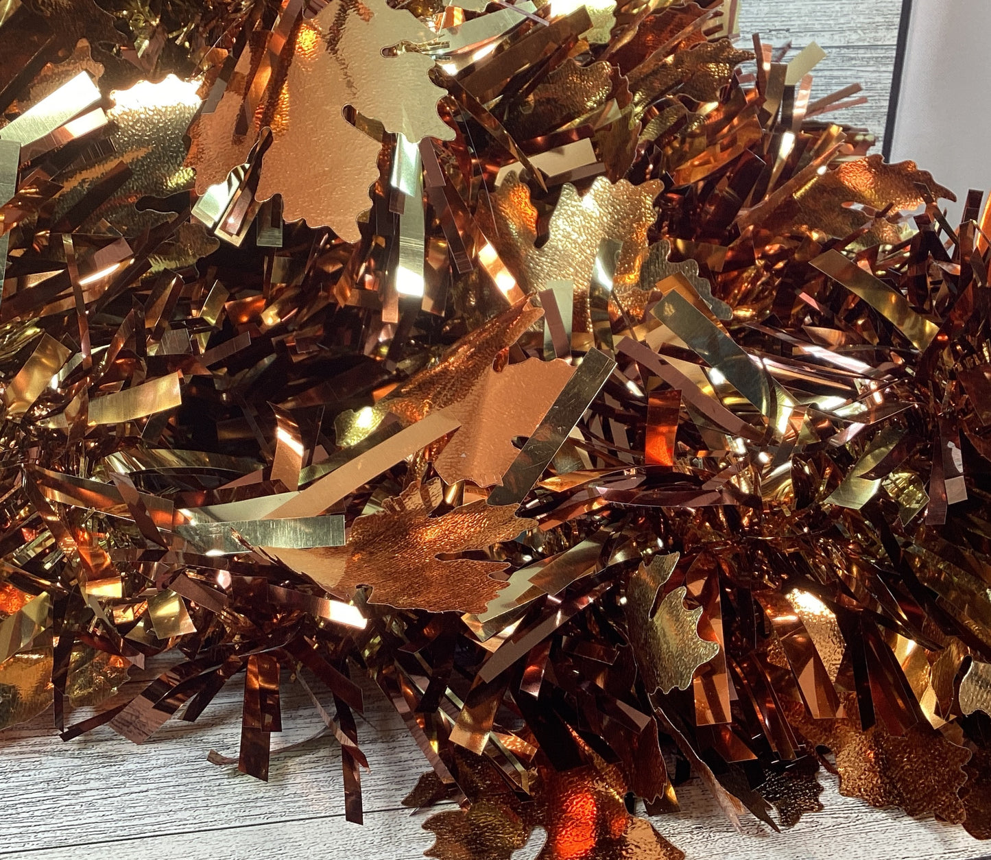HL Fall Decor - NEW Thick Tinsel Metallic Copper Brown Leaf Garland 9ft