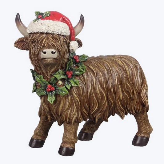 YI Christmas Decor - Santa Hat Cap Highland LED Cow Figurine