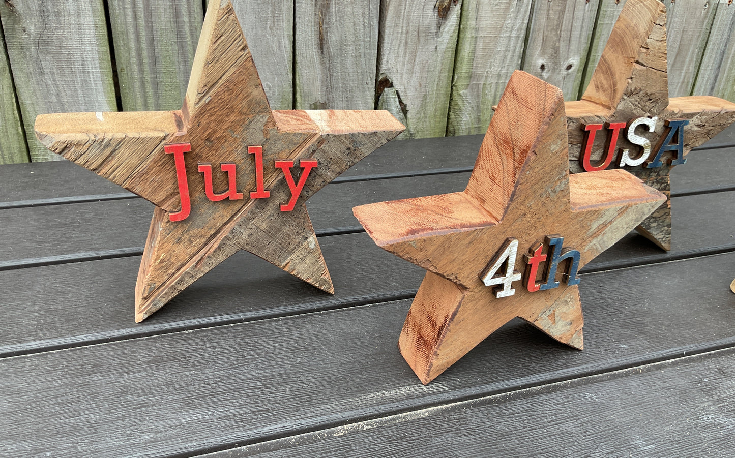 AGSD Patriotic Decor - July 4th Rustic Neutral Chunky Wood Star Sitters 4pc