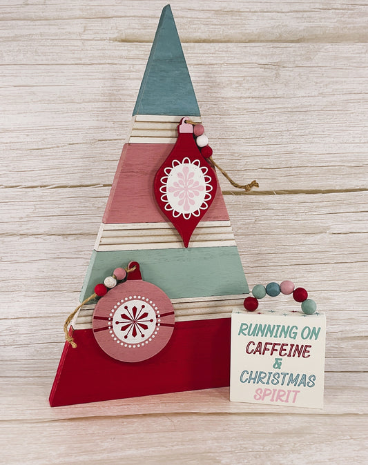 AGSD Christmas Decor -Retro Pink Blue Teal Wood Slat Tree & Sign 2pc