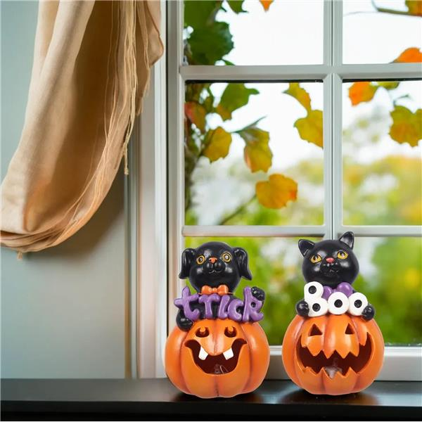 YI Halloween Decor - Cat Dog Jack-o-Lantern Pumpkin Figurines 2pc