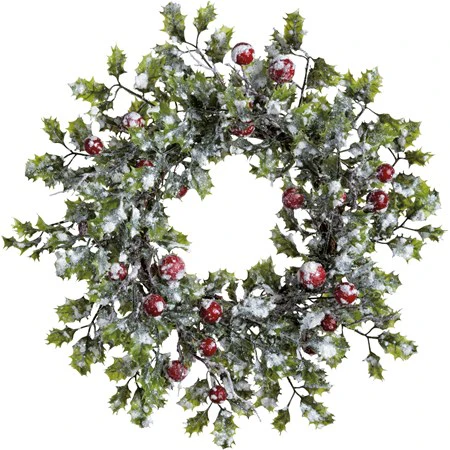 PBK Christmas Decor - Vintage Snowy Holly Leaves Berries Wreath