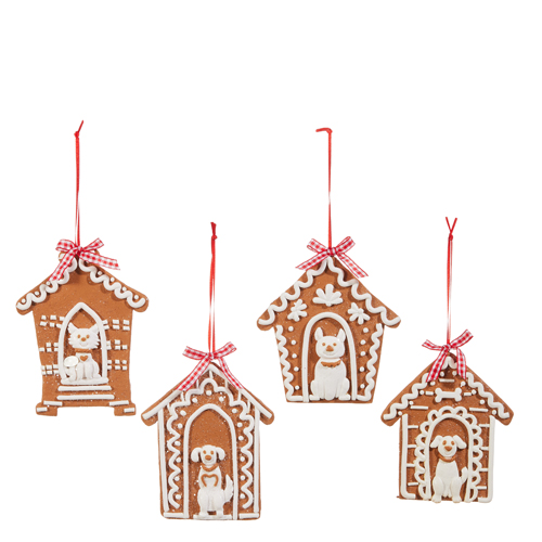 Raz Imports Christmas Decor - Gingerbread Dog  House Ornaments 4pc Set