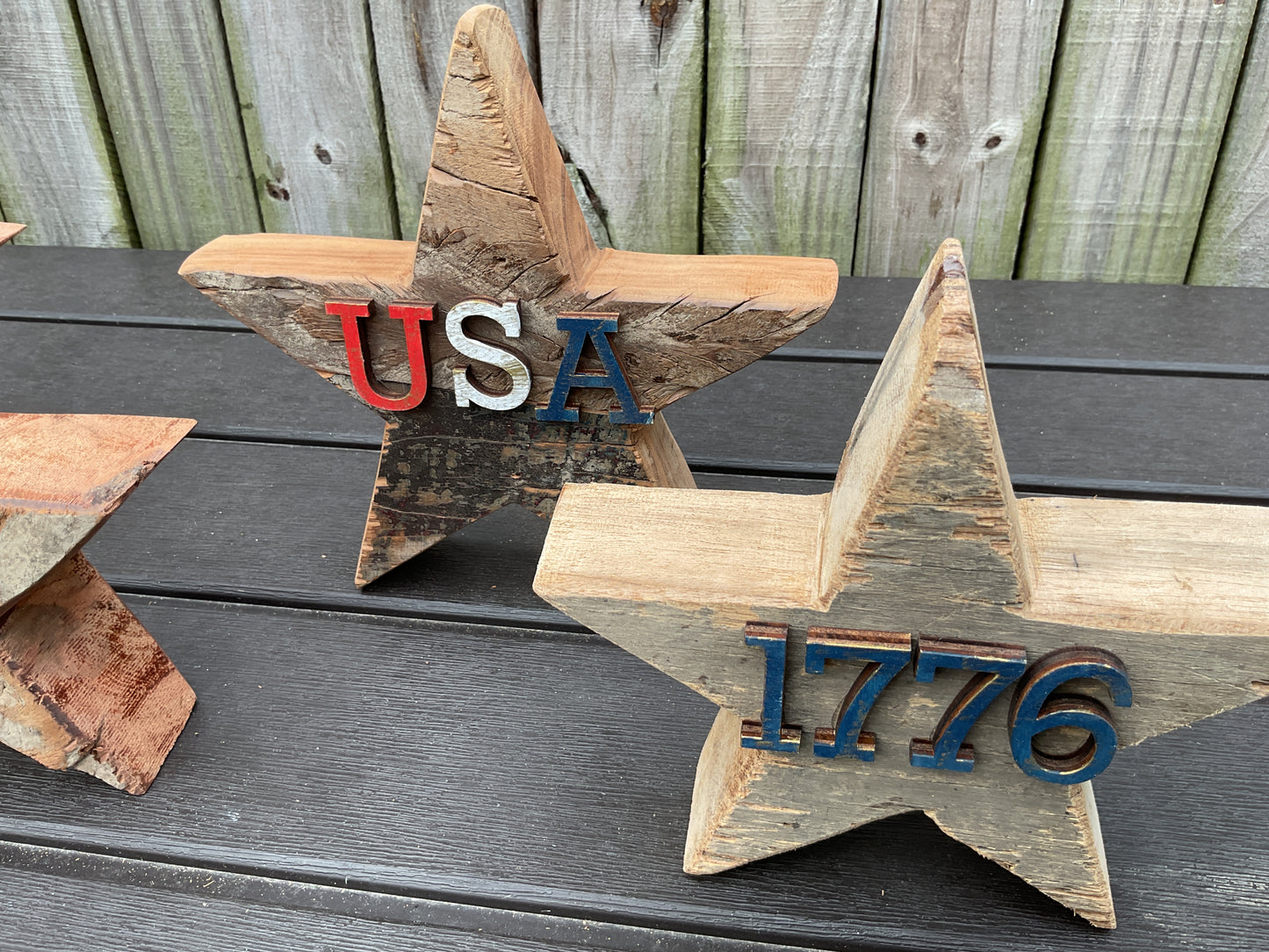 AGSD Patriotic Decor - July 4th Rustic Neutral Chunky Wood Star Sitters 4pc