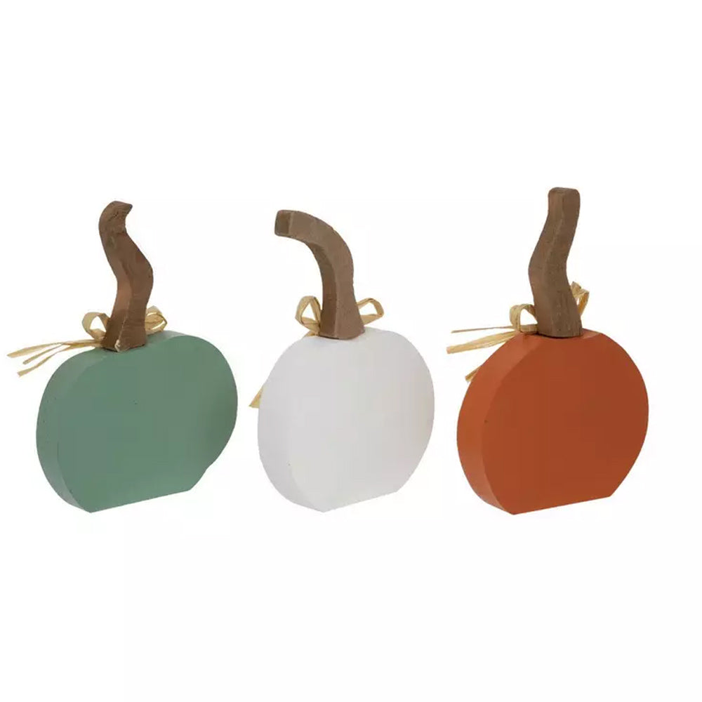 Fall Decor - Wood Teal Orange White Farmhouse Whimsy Pumpkins 3pc