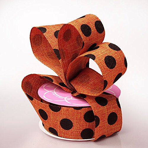PM Floral Ribbon - Black Dot Orange Linen Wired Edge 1.5in x 10yd
