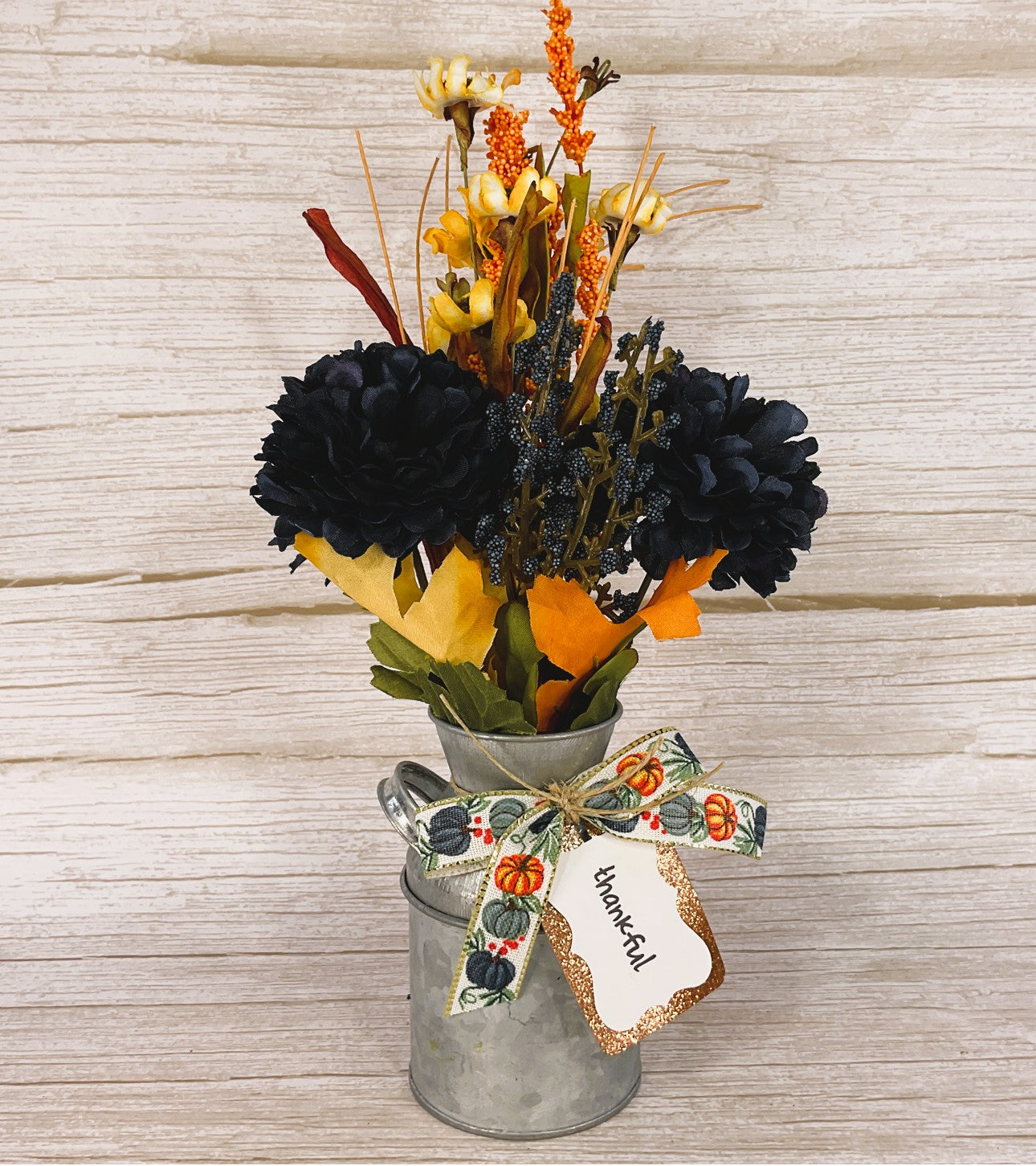 AGSD Fall Decor Thankful Orange Blue Milk Can Floral Display