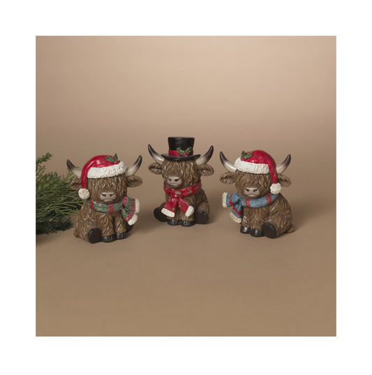 Gerson Christmas Decor - Santa Hat Cap Highland Cows Figurines 3pc