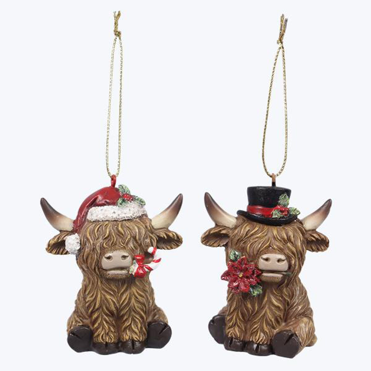 YI Christmas Decor - Santa Cap Hat Highland Cows Figurines Ornaments 2pc