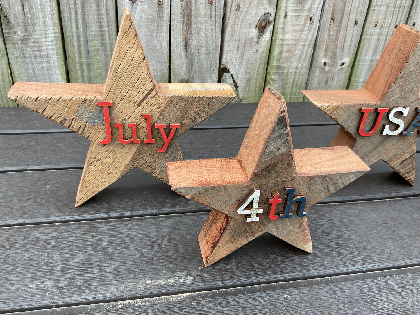 AGSD Patriotic Decor - July 4th Rustic Neutral Chunky Wood Star Sitters 4pc