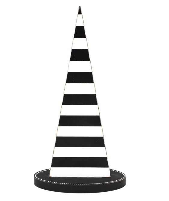 Adams & Co. Halloween Decor - Black White Gloss Witch Hat Wood Sitter