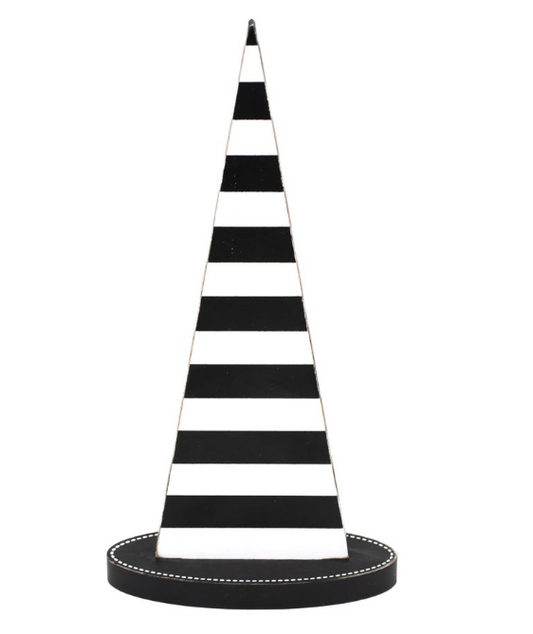 Adams & Co. Halloween Decor - Black White Gloss Witch Hat Wood Sitter