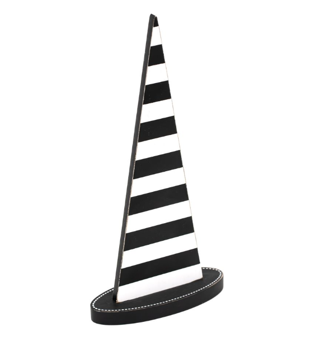 Adams & Co. Halloween Decor - Black White Gloss Witch Hat Wood Sitter
