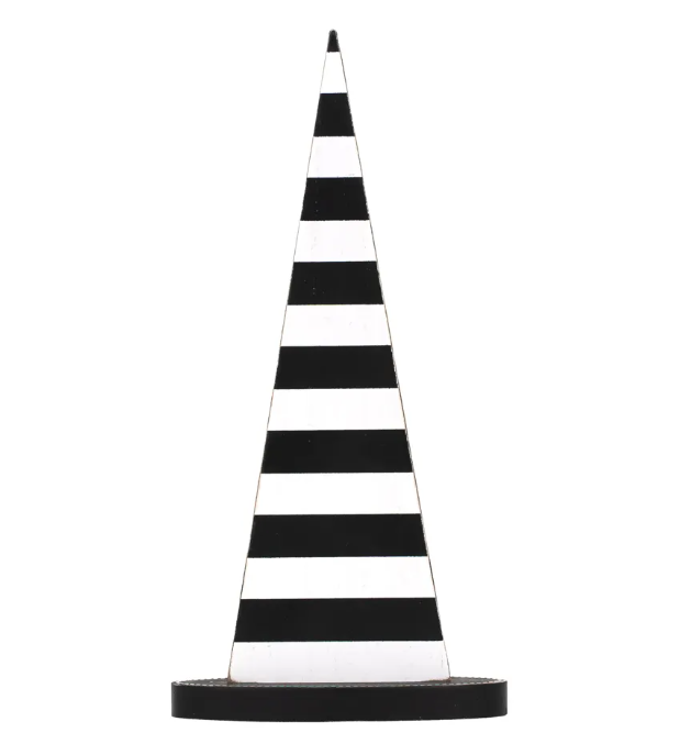 Adams & Co. Halloween Decor - Black White Gloss Witch Hat Wood Sitter