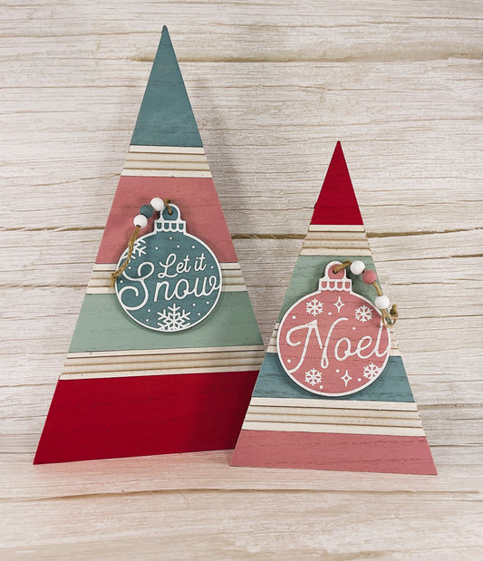AGSD Christmas Decor - Retro Pink Blue Teal Wood Slat Trees 2pc Set