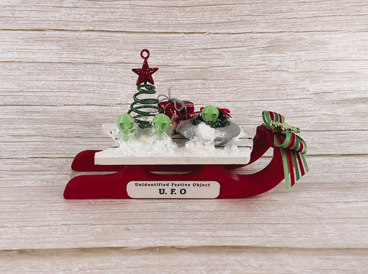 AGSD Christmas Decor - Micro Green Alien UFO Spaceship Sled Display