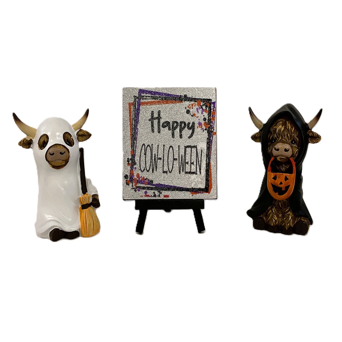 AGSD Halloween Decor - LED Resin Highland Cow Figurines & Sign 3pc Set