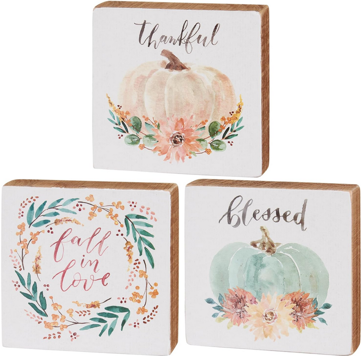 PBK Fall Decor - Watercolor Fall in Love Thankful Blessed Block Signs 3pc