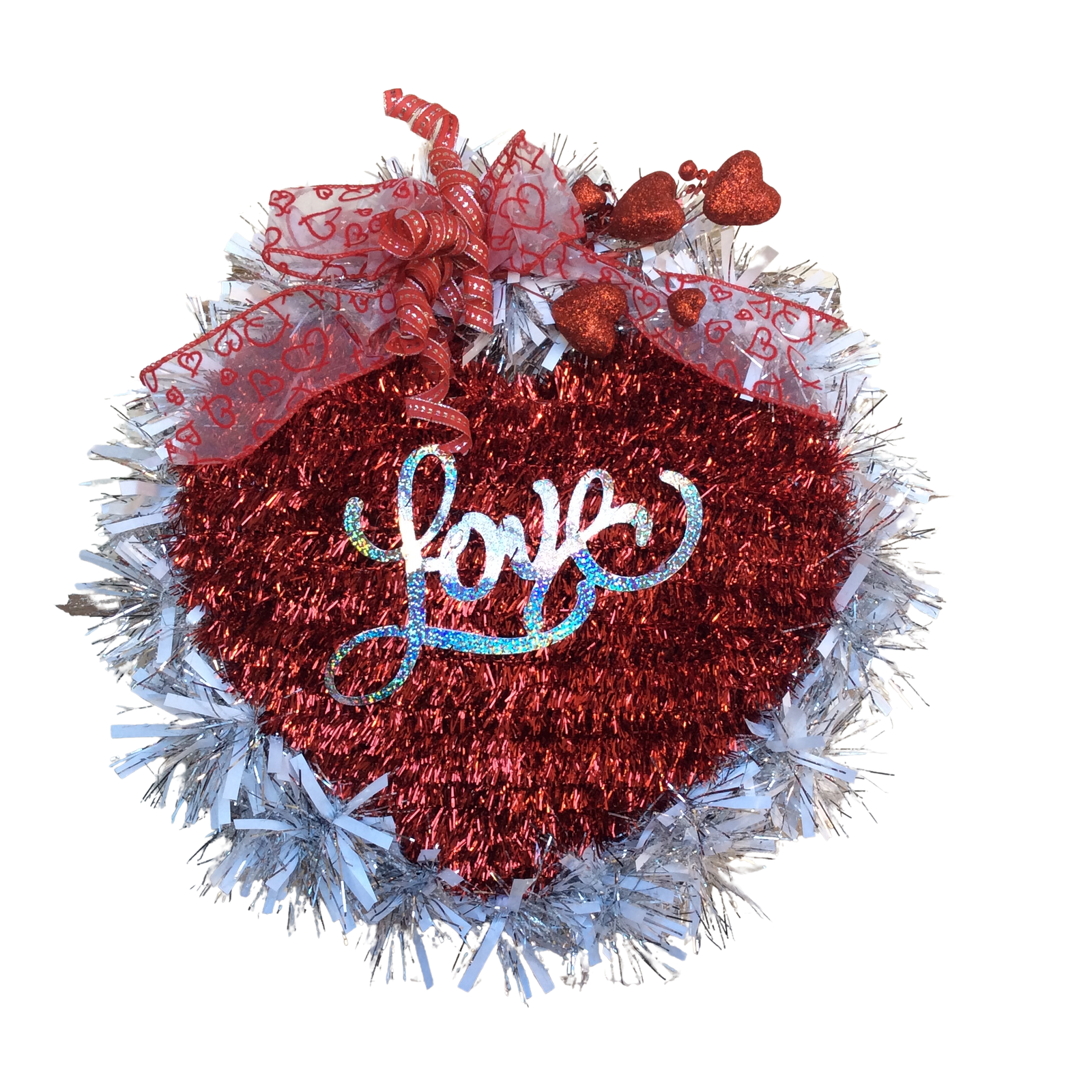 AGD Valentines Decor - Red Silver White Love Heart Tinsel Wreath