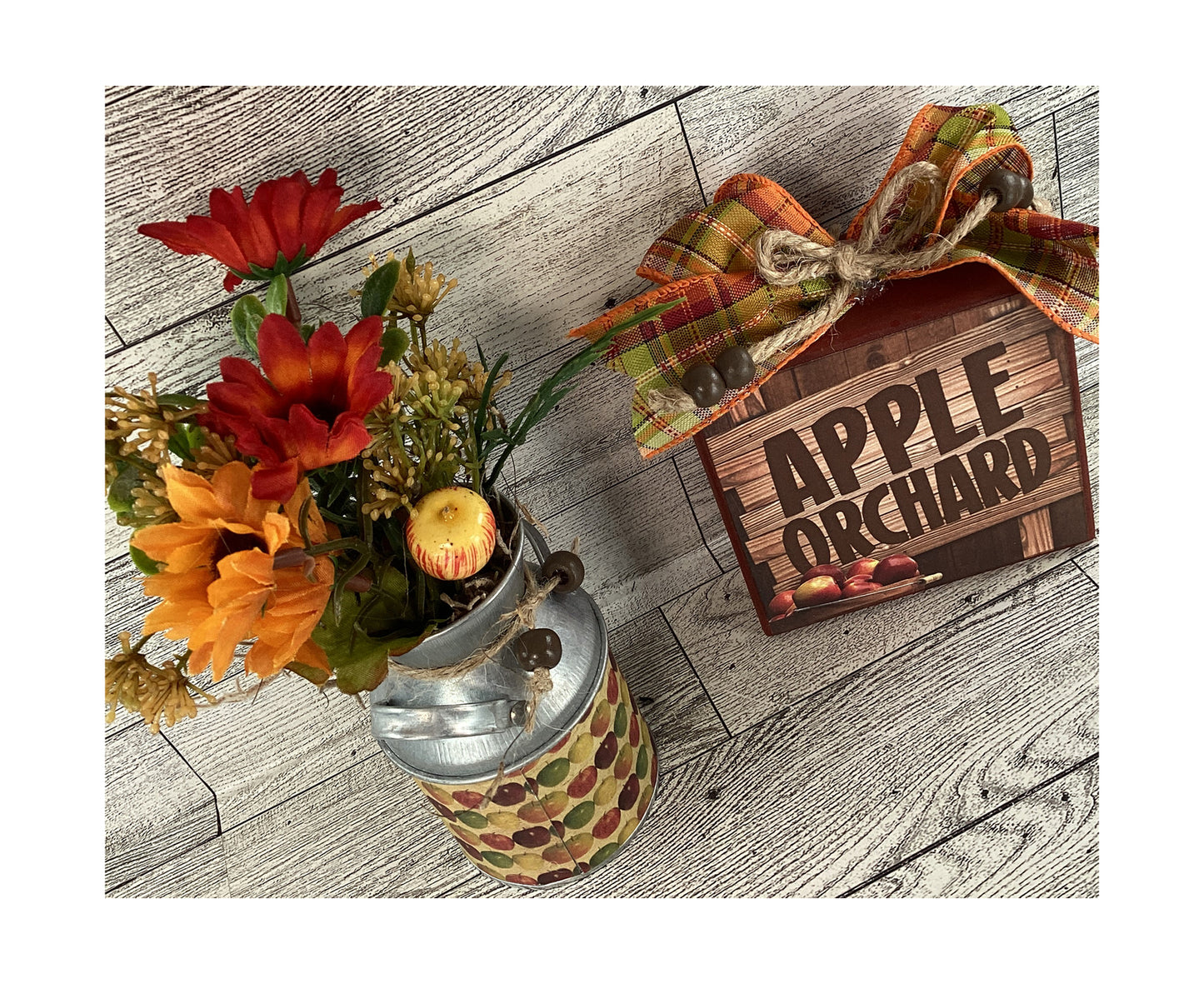 AGD Fall Decor - Apple Orchard Sign Floral Milk Can 2pc Set