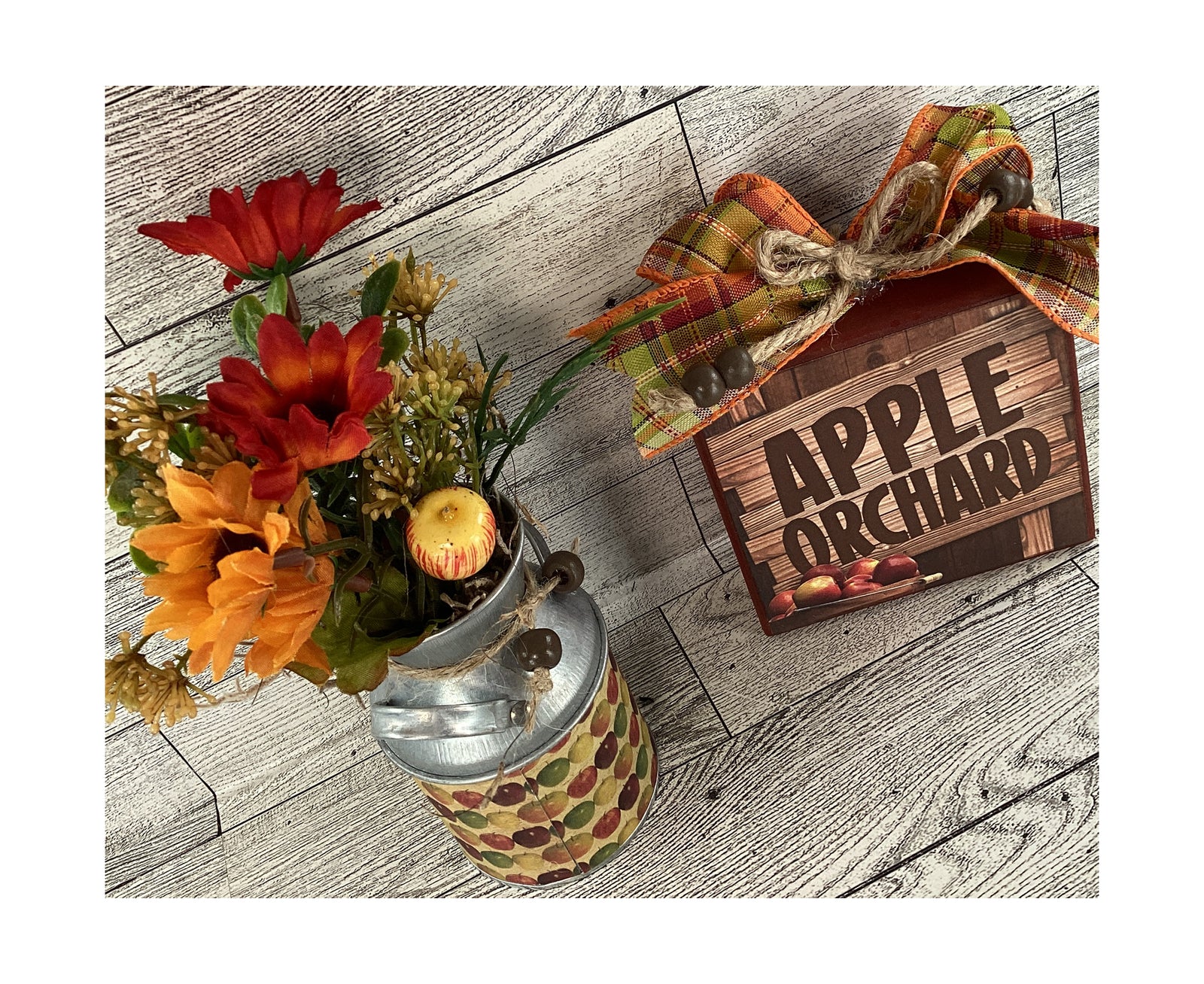 AGD Fall Decor - Apple Orchard Sign Floral Milk Can 2pc Set