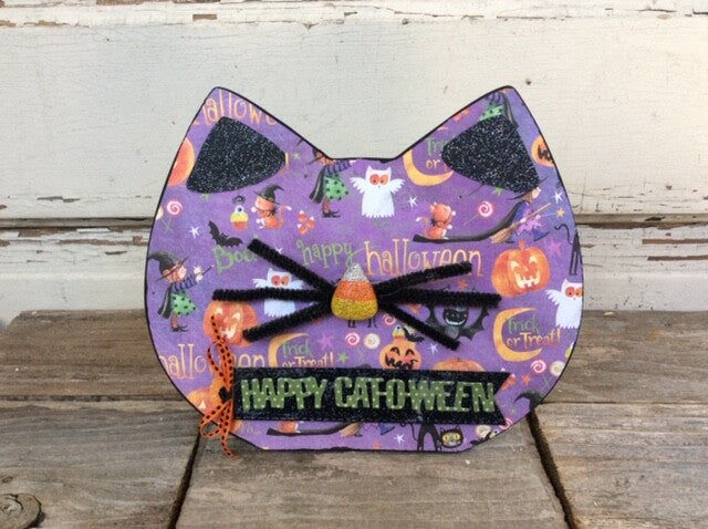 AGD Halloween Decor - Happy Cat O Ween Face Tabletop Sign