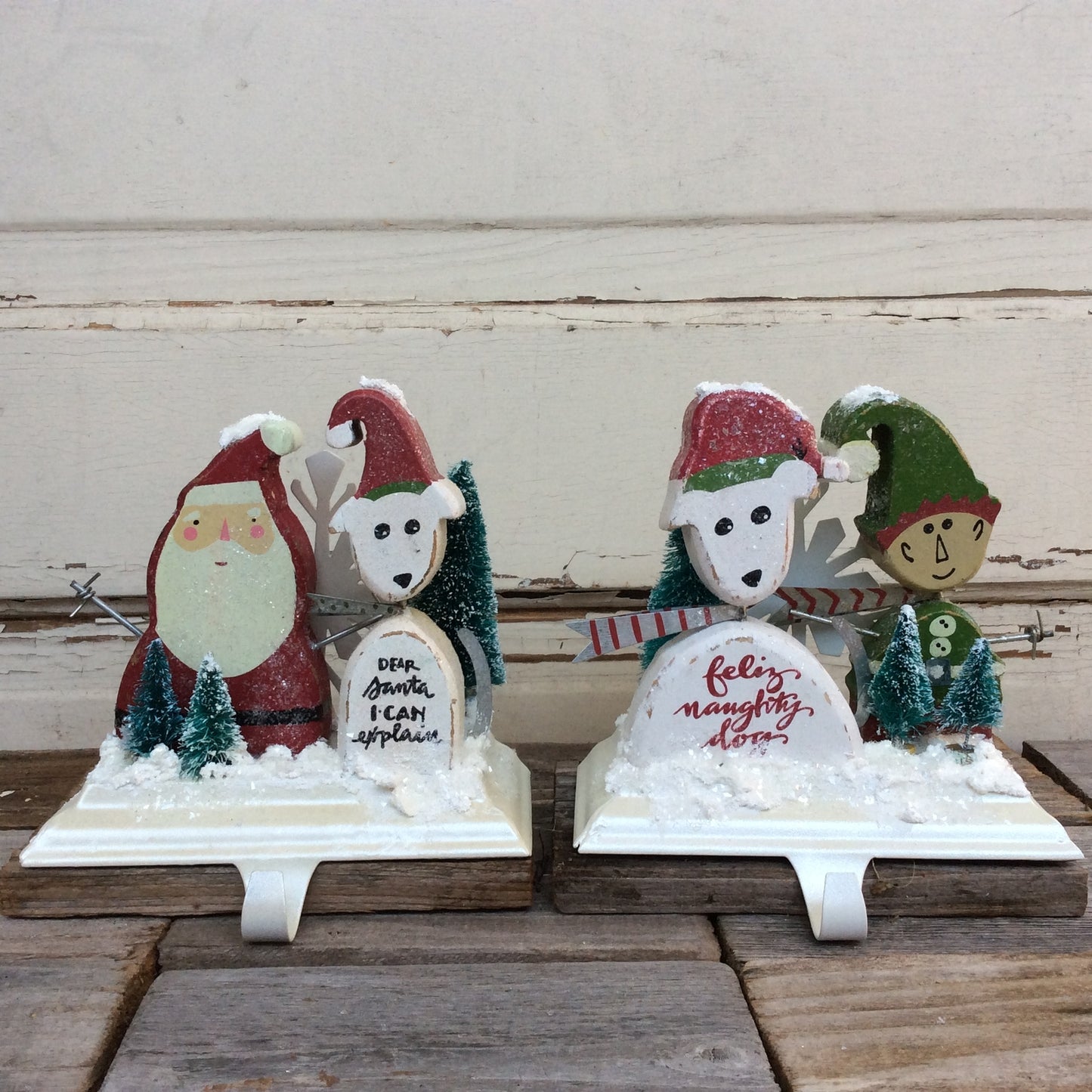 AGD Christmas Decor – Feliz Naughty Dog & Santa Stocking Holder 2pc Set