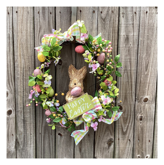 AGD Easter Decor - Happy Easter Sisal Bunny Grapevine Floral Wreath