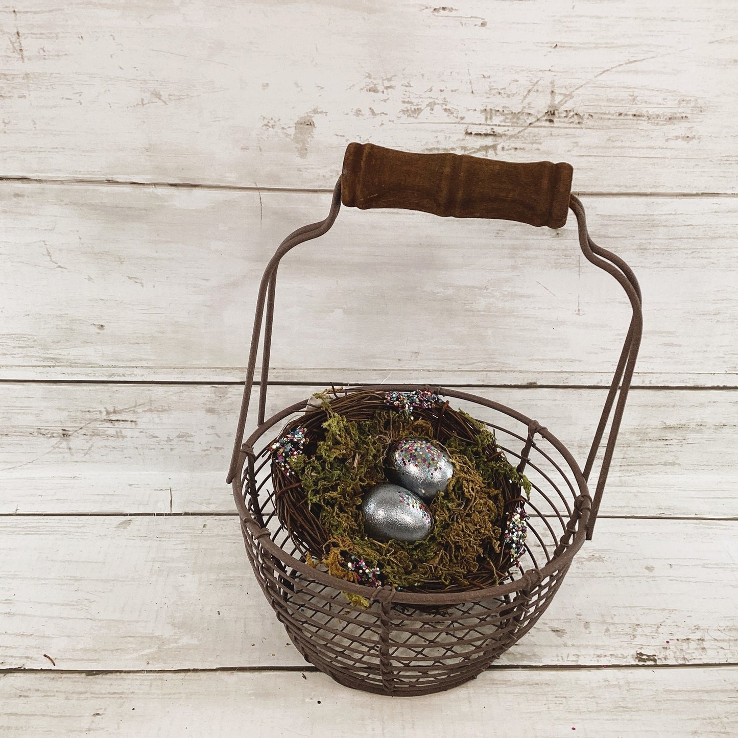 CWI Easter Decor - Prim Egg Basket Wood Eggs Birds Nest Bundle