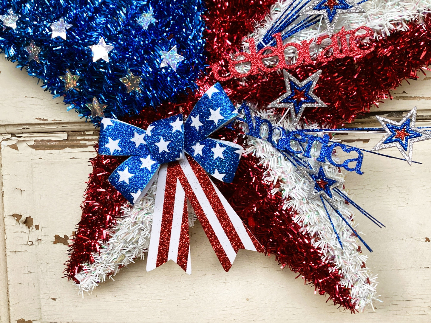 AGD Patriotic Decor - Celebrate America Tinsel Star Wreath Wall Decor