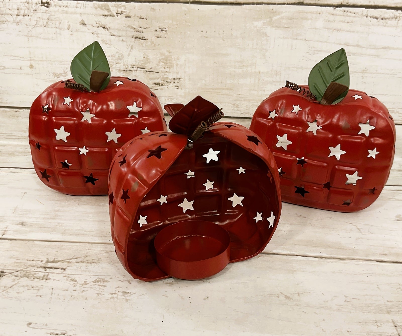 THT Prim Decor - Metal Apple Tealights Teacher Harvest 3pc