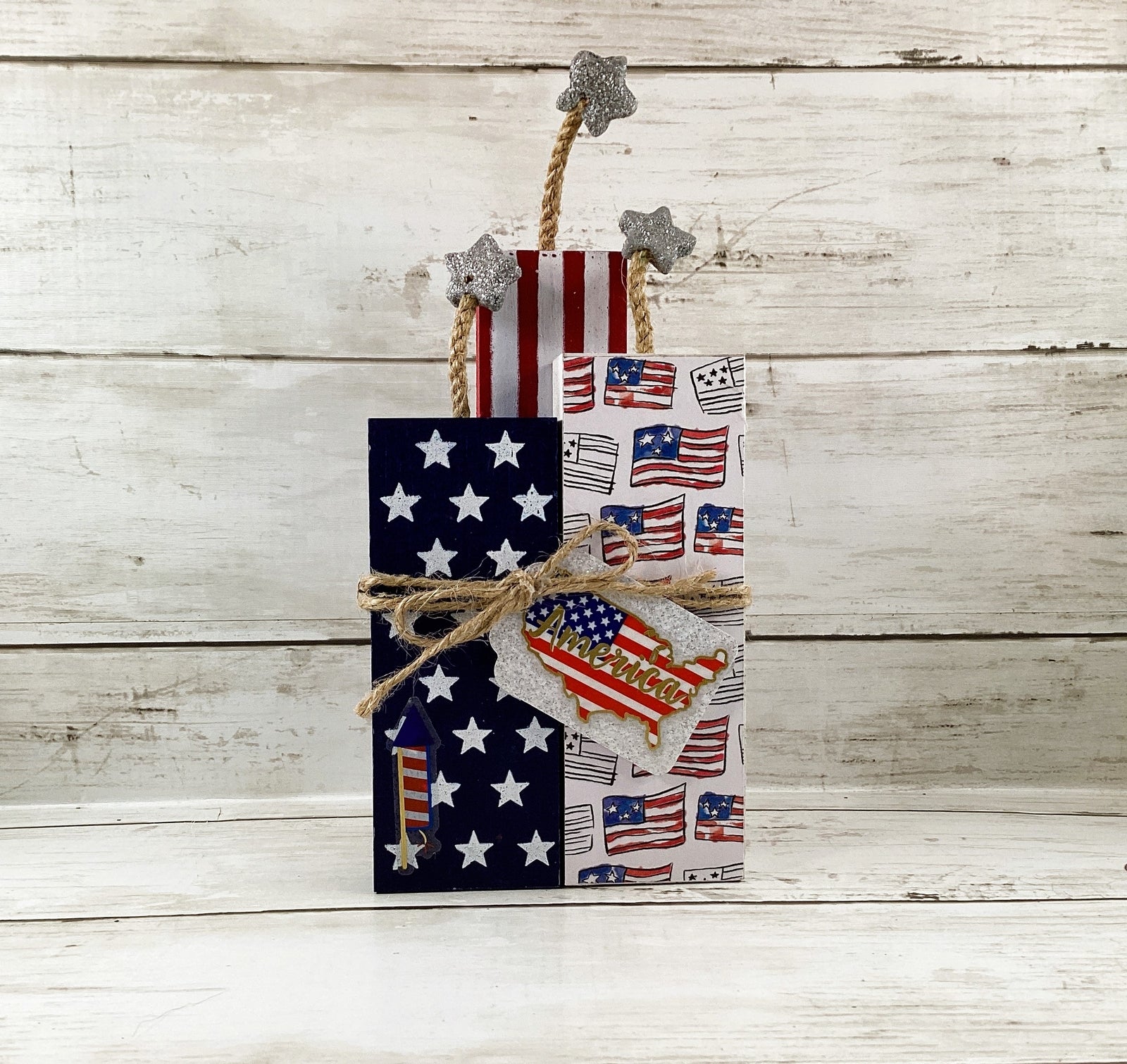 AGD Patriotic Decor - America July 4th Chunky Wood Firecracker Block Sign