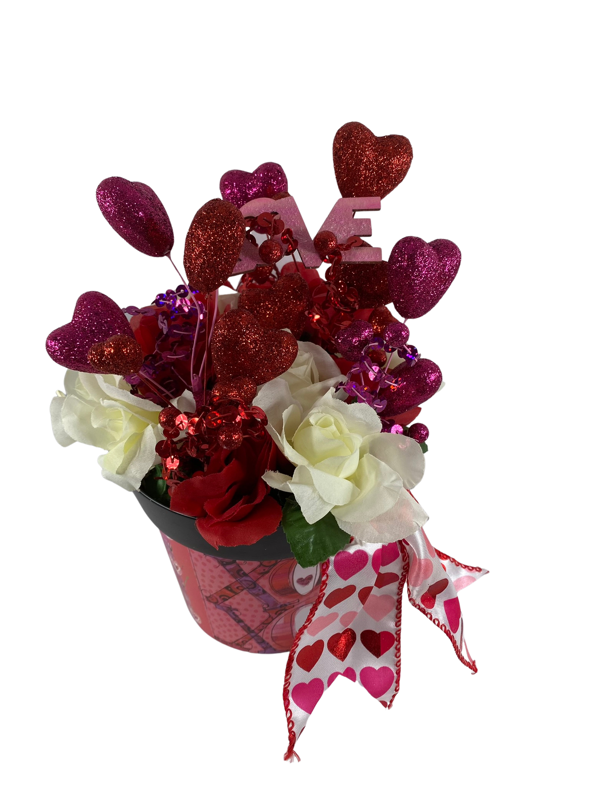 AGD Valentines Decor  – Pink Red White Roses Floral  Medium Centerpiece