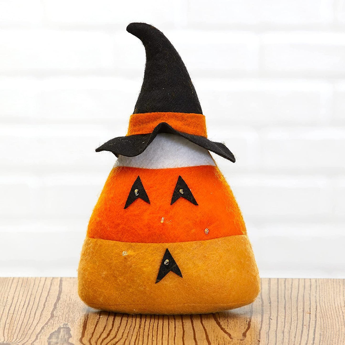 LC Halloween Decor -B/O Lighted Felt Candy Corn Witch Plush Sitter