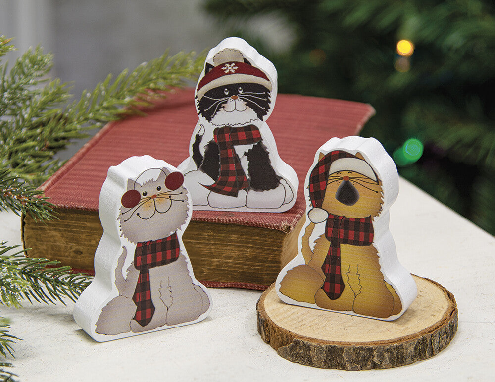 CWI Christmas Decor - Cute Chunky Wood Kitty Cats 3pc Set